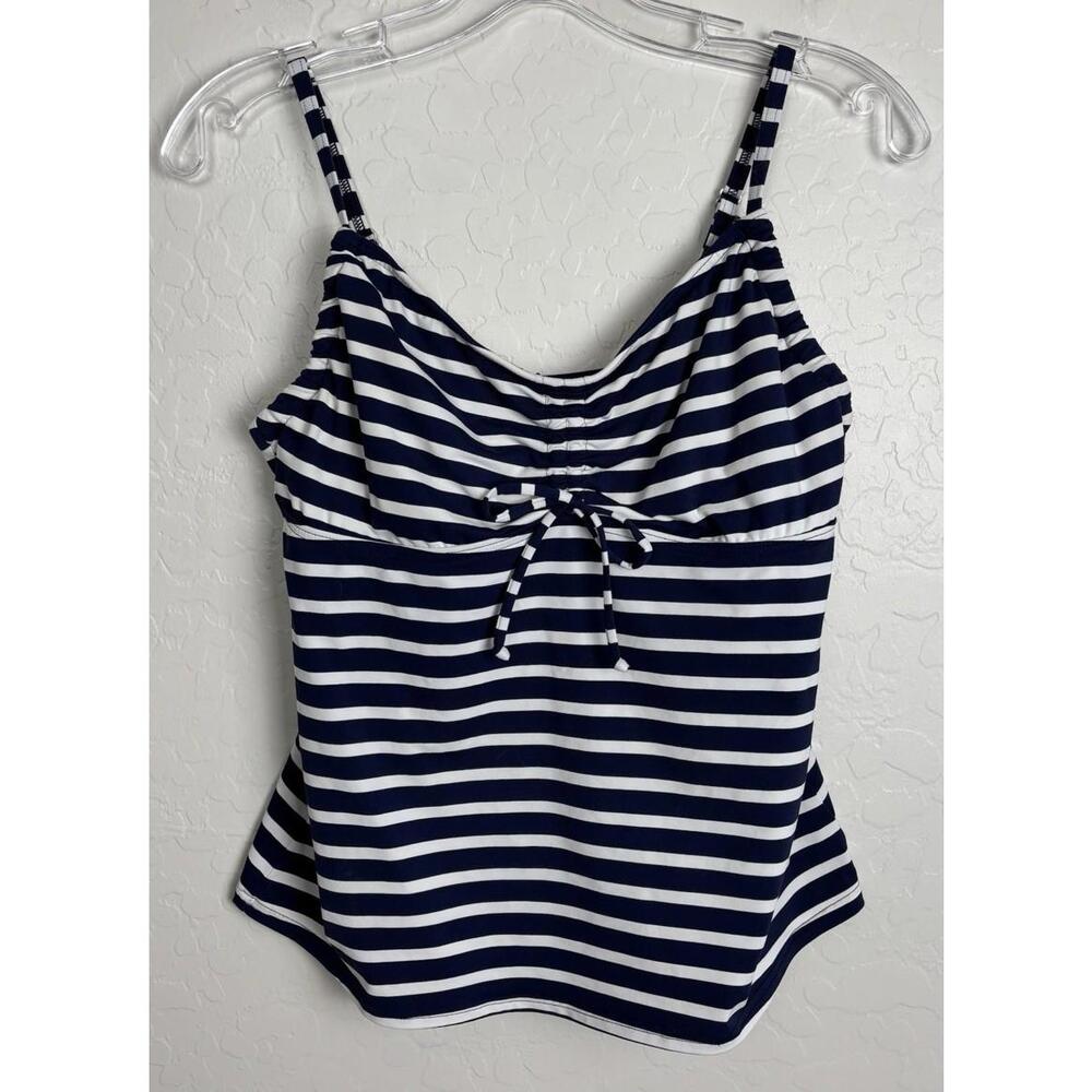 Lands End Womens Navy White Striped Tankini Swim Top Shelf Bra 8 1591